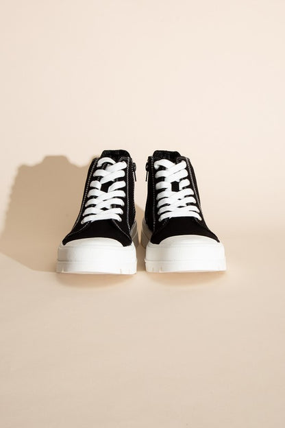 Black and White Canvas Lace Up High-Top Chunky Sneakers - Tigbuls Variety Fashion