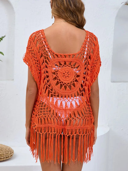 Fringe Round Neck Crochet Cover-Up - Tigbul's Variety Fashion Shop