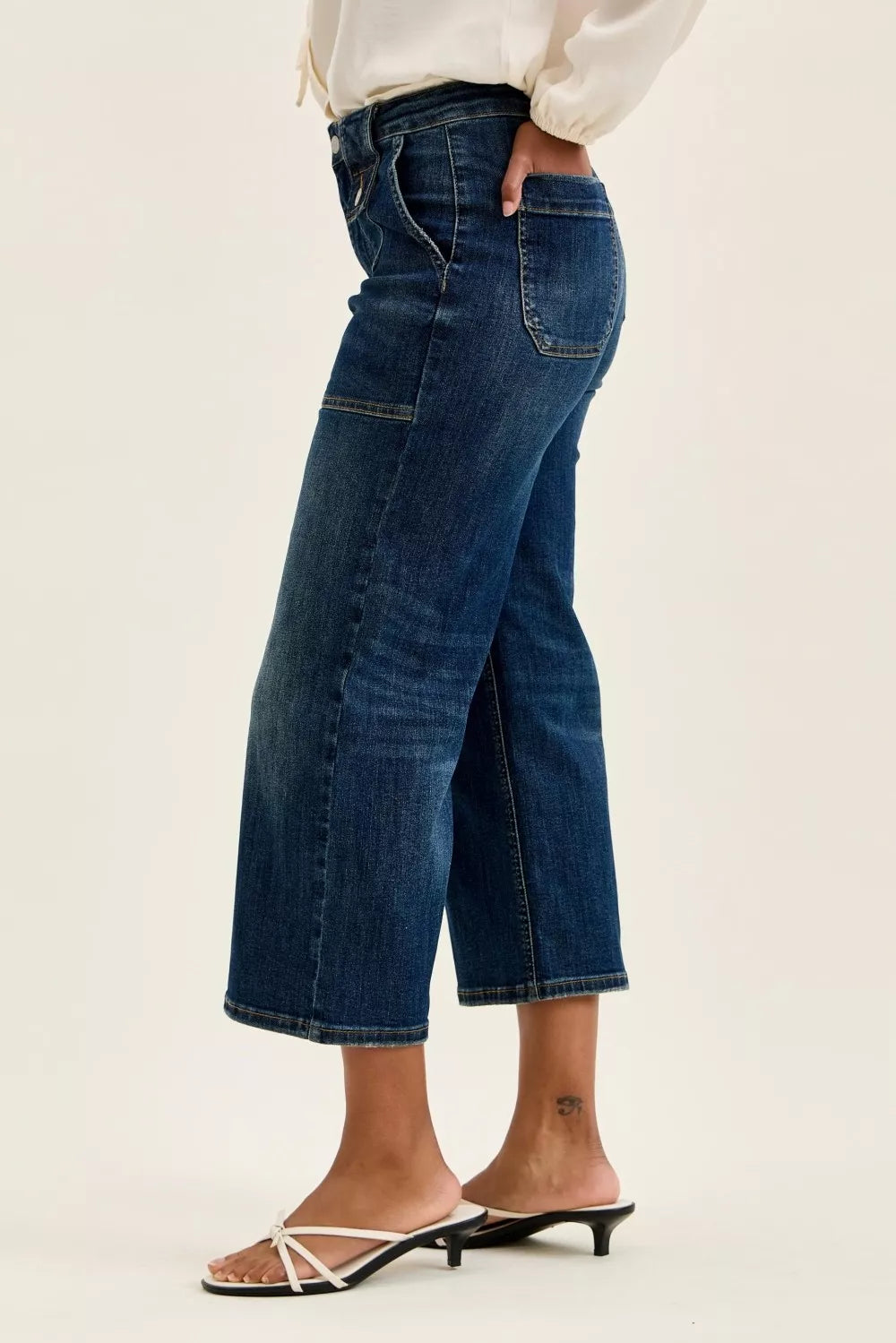Women's High Waist Wide Crop Dark Blue Utility Jeans - Tigbul's Variety Fashion Shop
