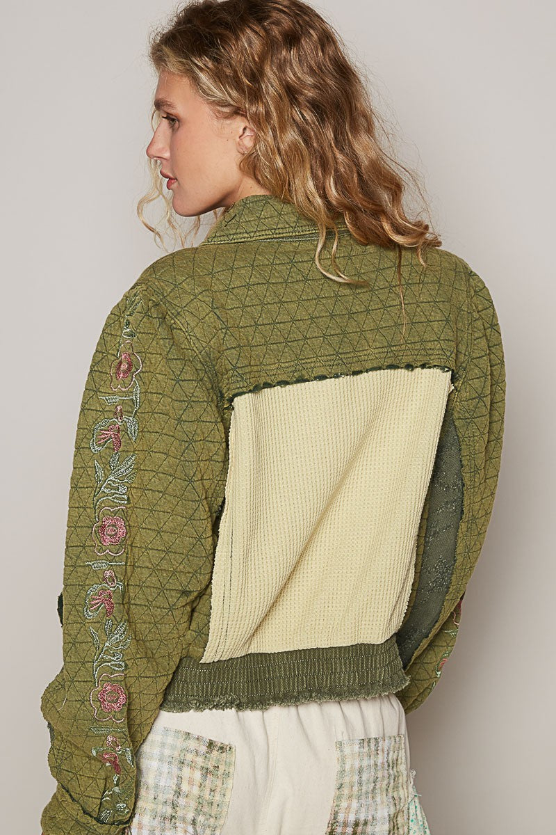 POL Embroidered Sleeve Raw Edge Quilted Jacket - Tigbul's Variety Fashion Shop