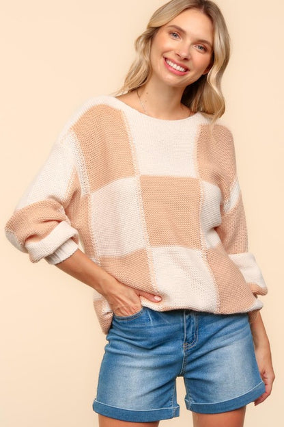 Haptics Full Size Checkered Round Neck Drop Shoulder Sweater - Tigbul's Variety Fashion Shop