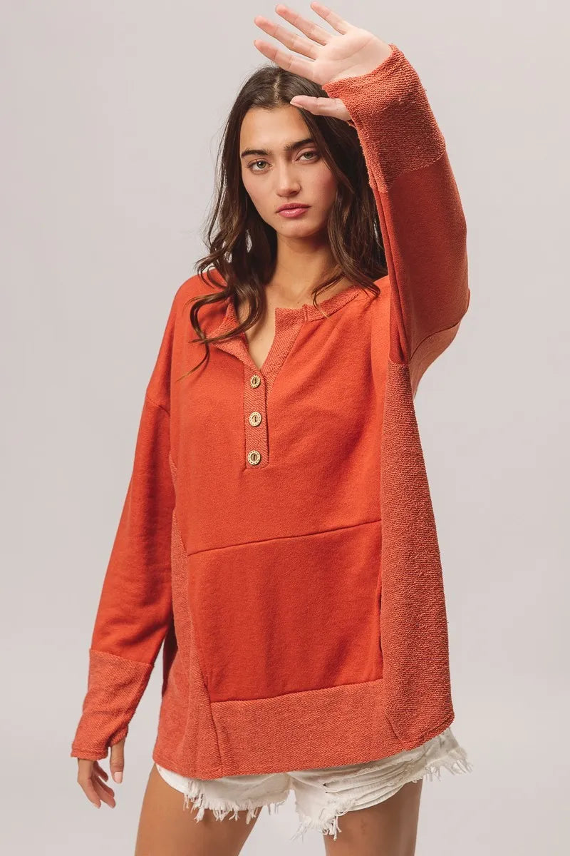 BiBi French Terry Knit Side Block Buttoned Henley Top - Tigbul's Variety Fashion Shop