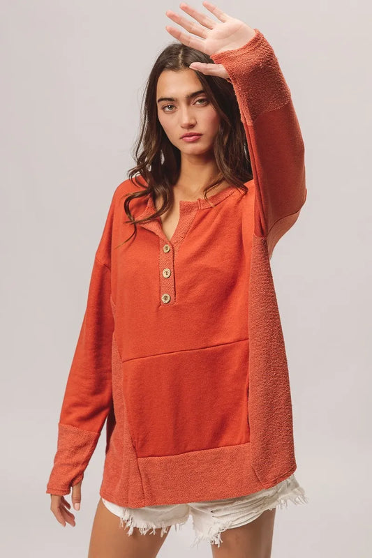 BiBi French Terry Knit Side Block Buttoned Henley Top - Tigbul's Variety Fashion Shop