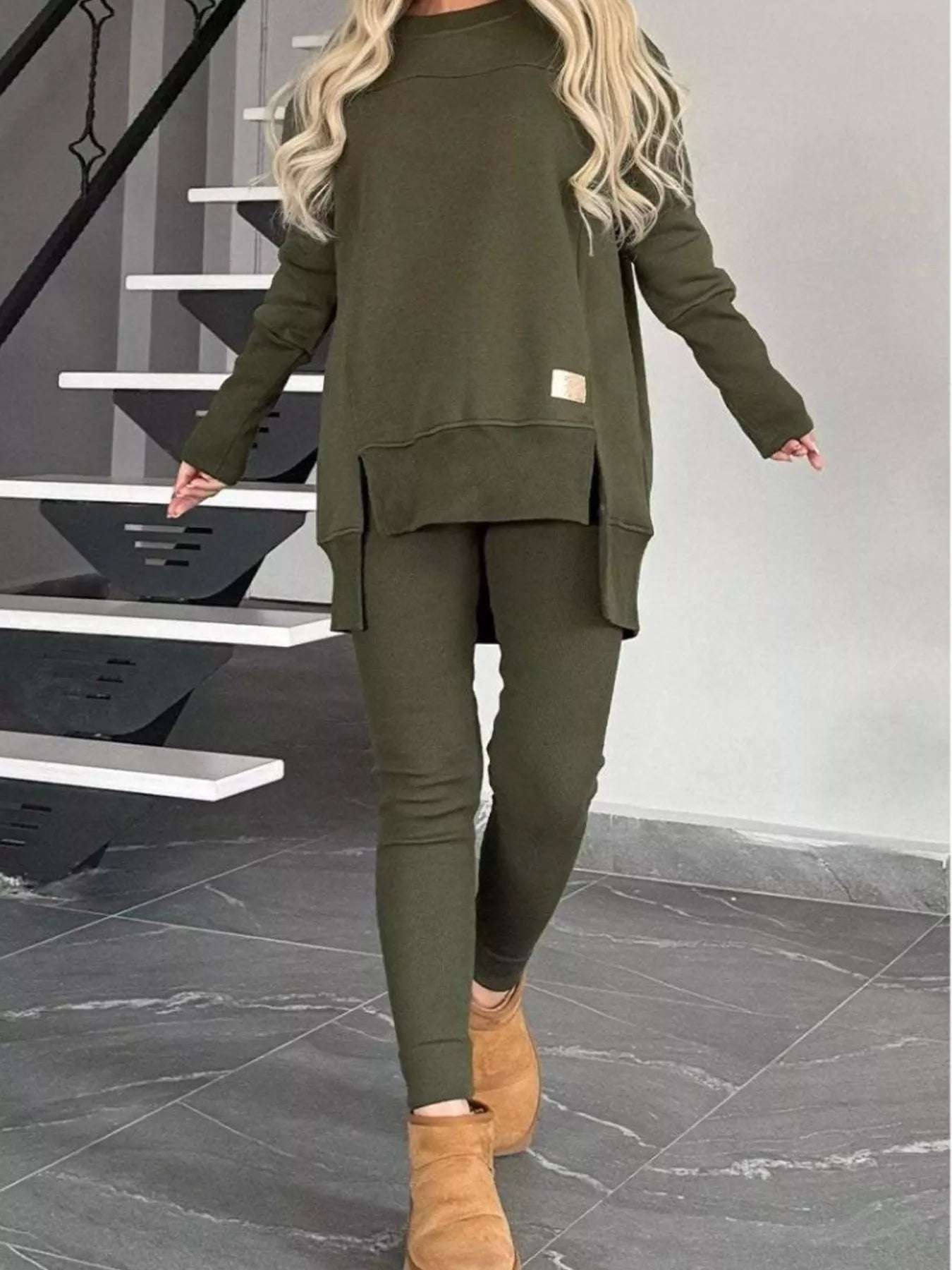 Full Size Slit Round Neck Top and Pants Set Plus Size - Tigbul's Variety Fashion Shop