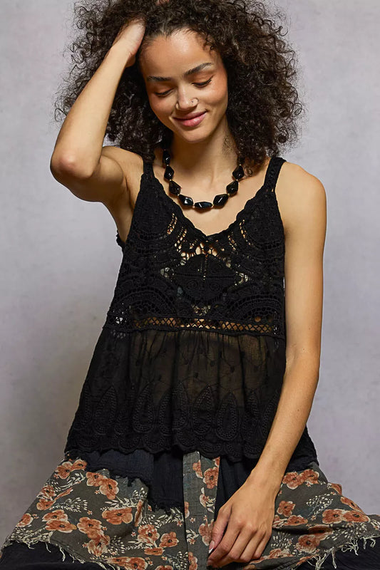 POL V-Neck Crochet Tank with Floral Embroidery Detail - Tigbul's Variety Fashion Shop