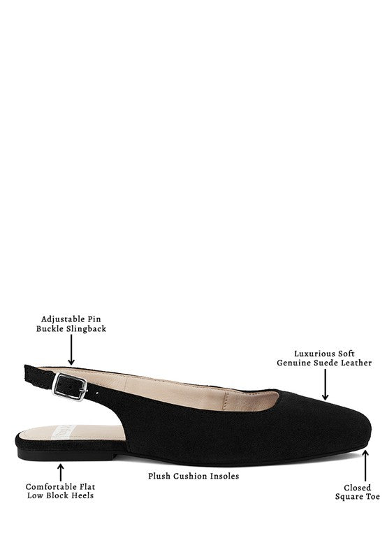 Black suede slingback flats with square toe and plush cushioned insole