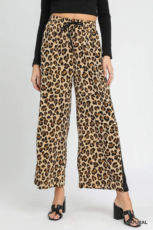Umgee Leopard Print Wide-Leg Drawstring Pants - Tigbul's Variety Fashion Shop