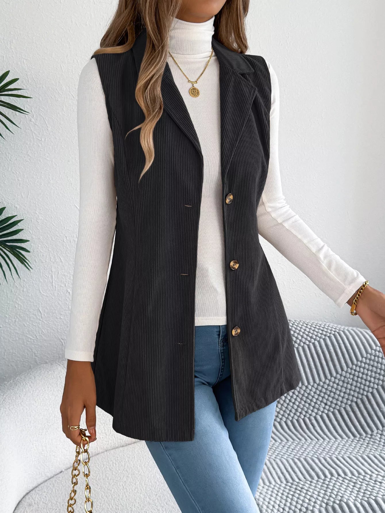 Button-Front Longline Vest Coat - Tigbul's Variety Fashion Shop