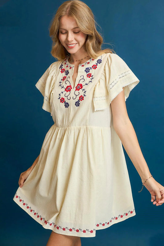 Umgee Embroidered Floral Flutter Sleeve Mini Dress - Tigbul's Variety Fashion Shop