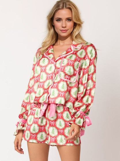 Tied Printed Collared Neck Long Sleeve Top and Shorts Set - Tigbul's Variety Fashion Shop