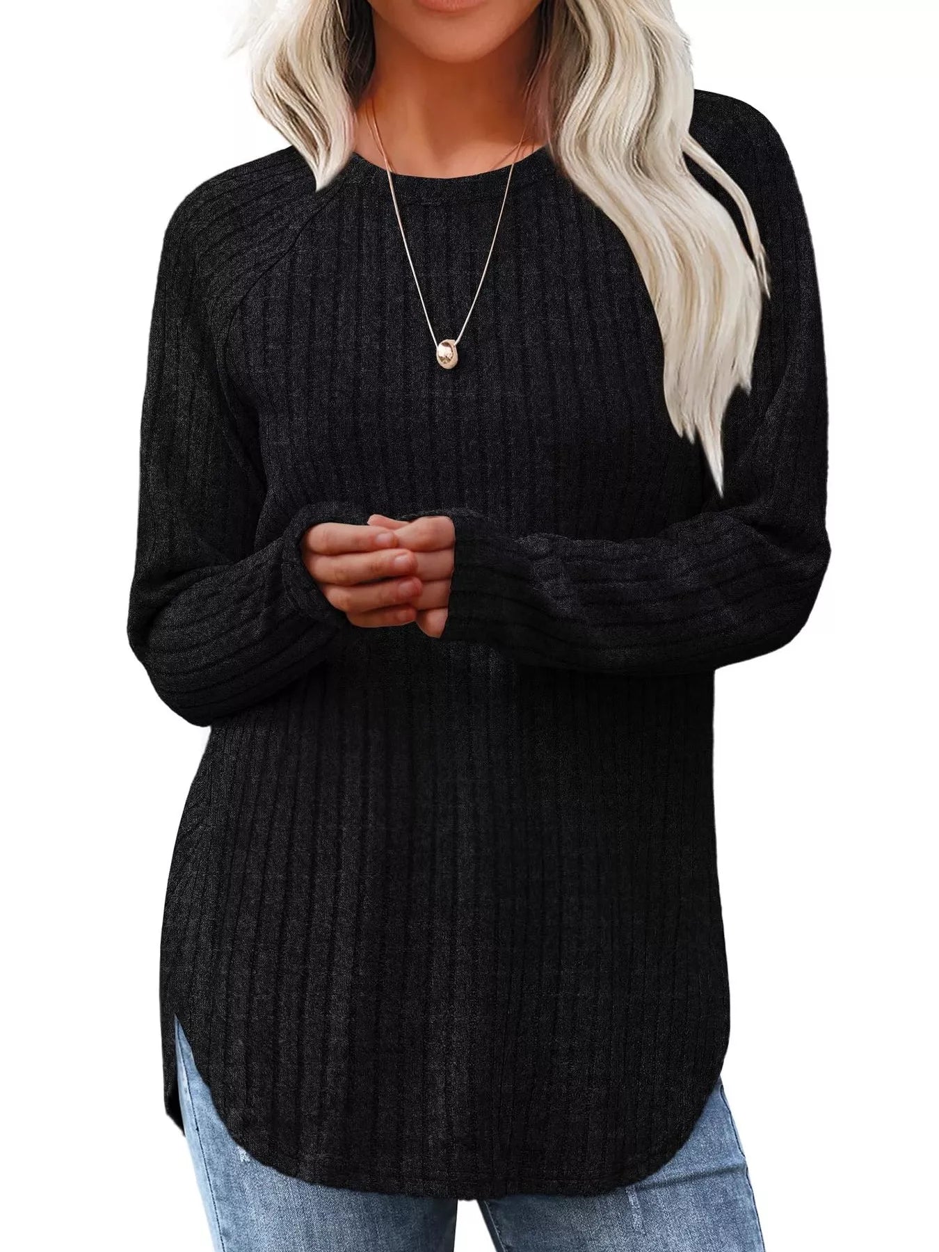 Ribbed Knit Long Sleeve T-Shirt - Tigbul's Variety Fashion Shop