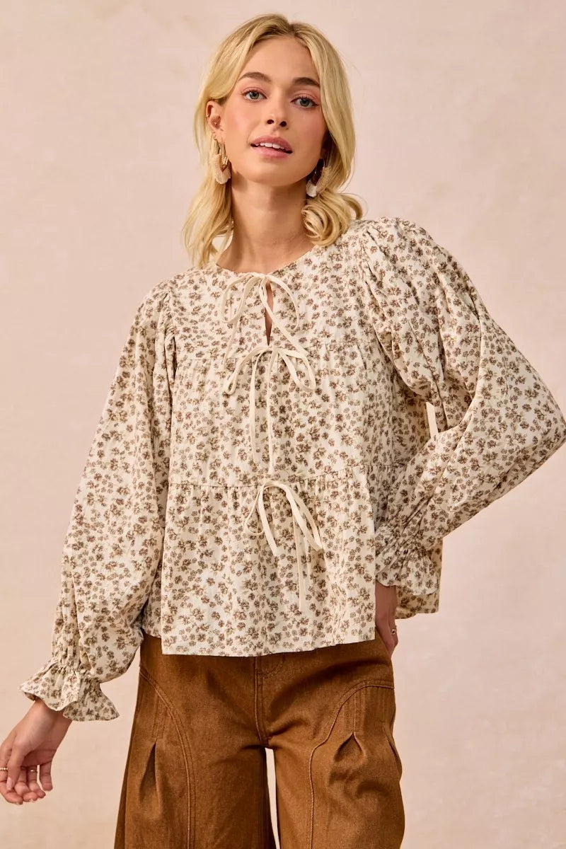 BiBi Floral Printed Peplum Blouse with Shirring and Tied - Tigbul's Variety Fashion Shop