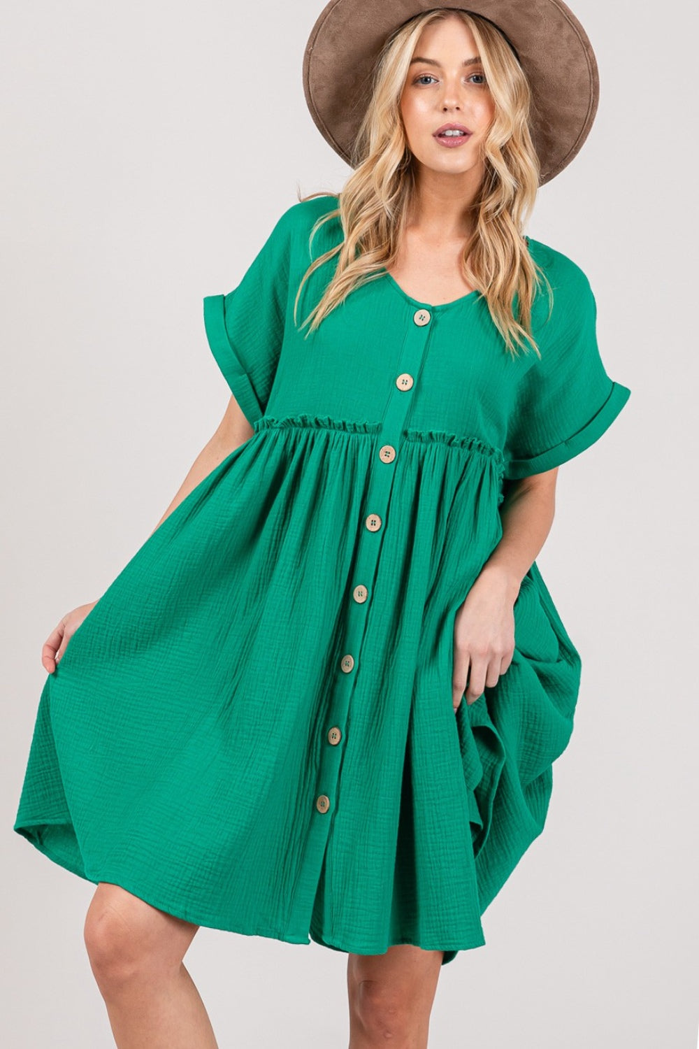 SAGE + FIG Full Size Button Up Short Sleeve Dress - Tigbul's Variety Fashion Shop