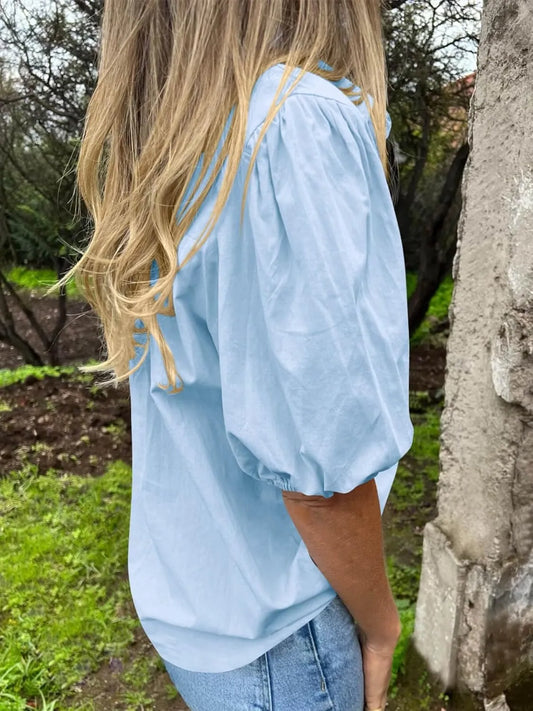 Button Down Puff Sleeve Shirt - Tigbul's Variety Fashion Shop