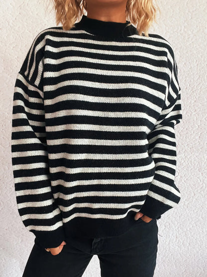 Striped Mock Neck Long Sleeve Sweater - Tigbul's Variety Fashion Shop