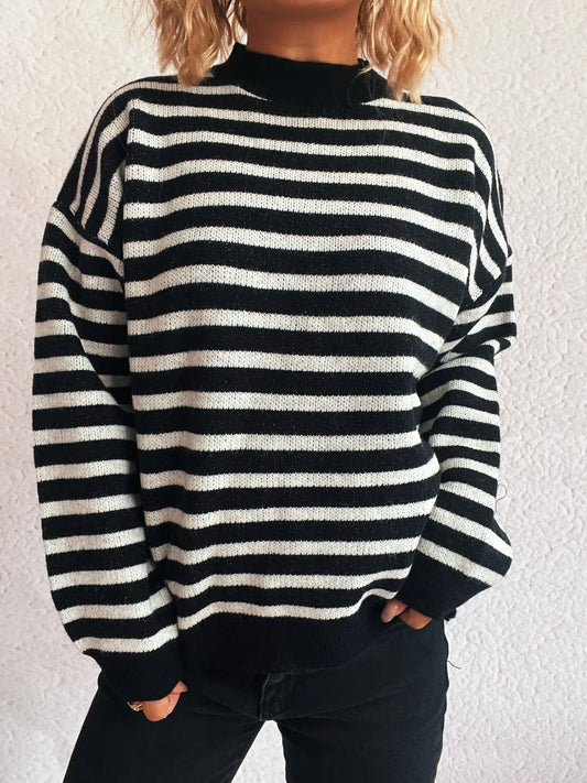 Striped Mock Neck Long Sleeve Sweater - Tigbul's Variety Fashion Shop