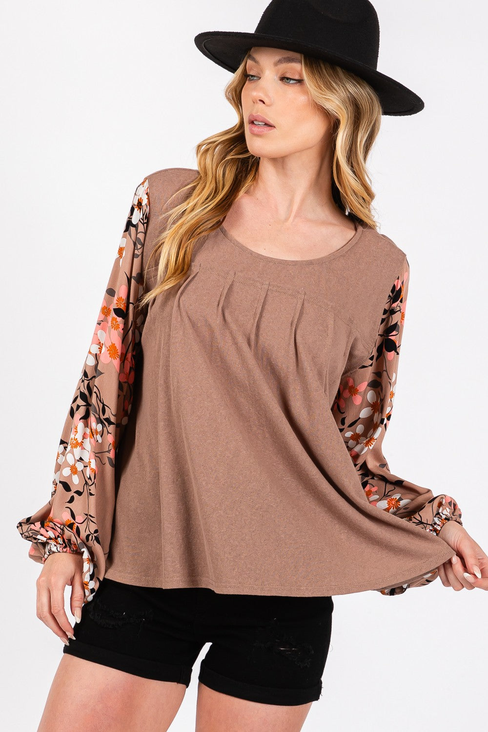 SAGE + FIG Floral Long Sleeve Front Pleated Detail Blouse - Tigbul's Variety Fashion Shop