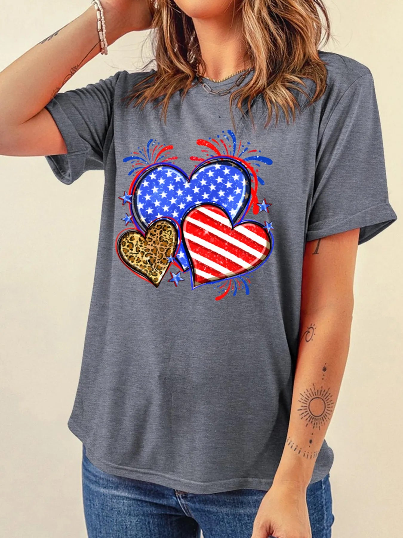 American Heart Graphic Round Neck T Shirt - Tigbul's Variety Fashion Shop