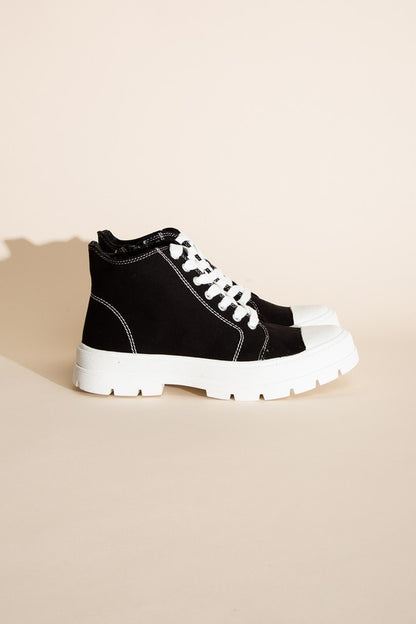 Black and White Canvas Lace Up High-Top Chunky Sneakers - Tigbuls Variety Fashion