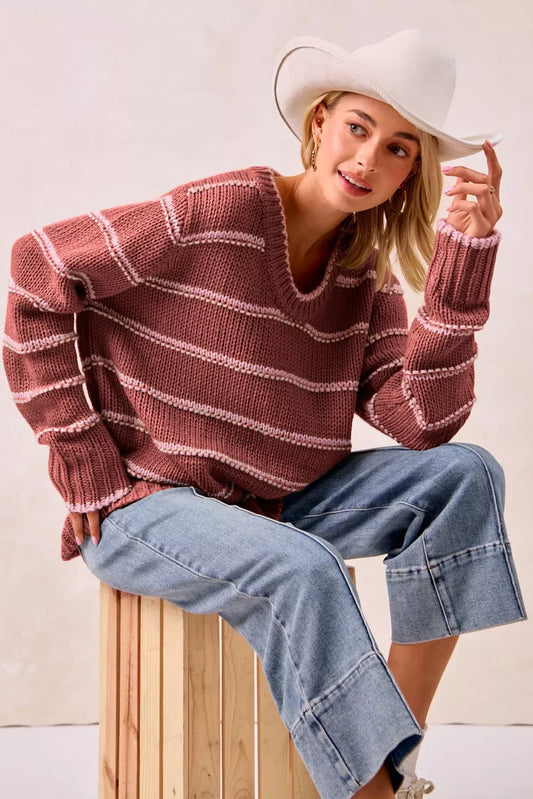 BiBi Striped Long Sleeve Sweater - Tigbul's Variety Fashion Shop