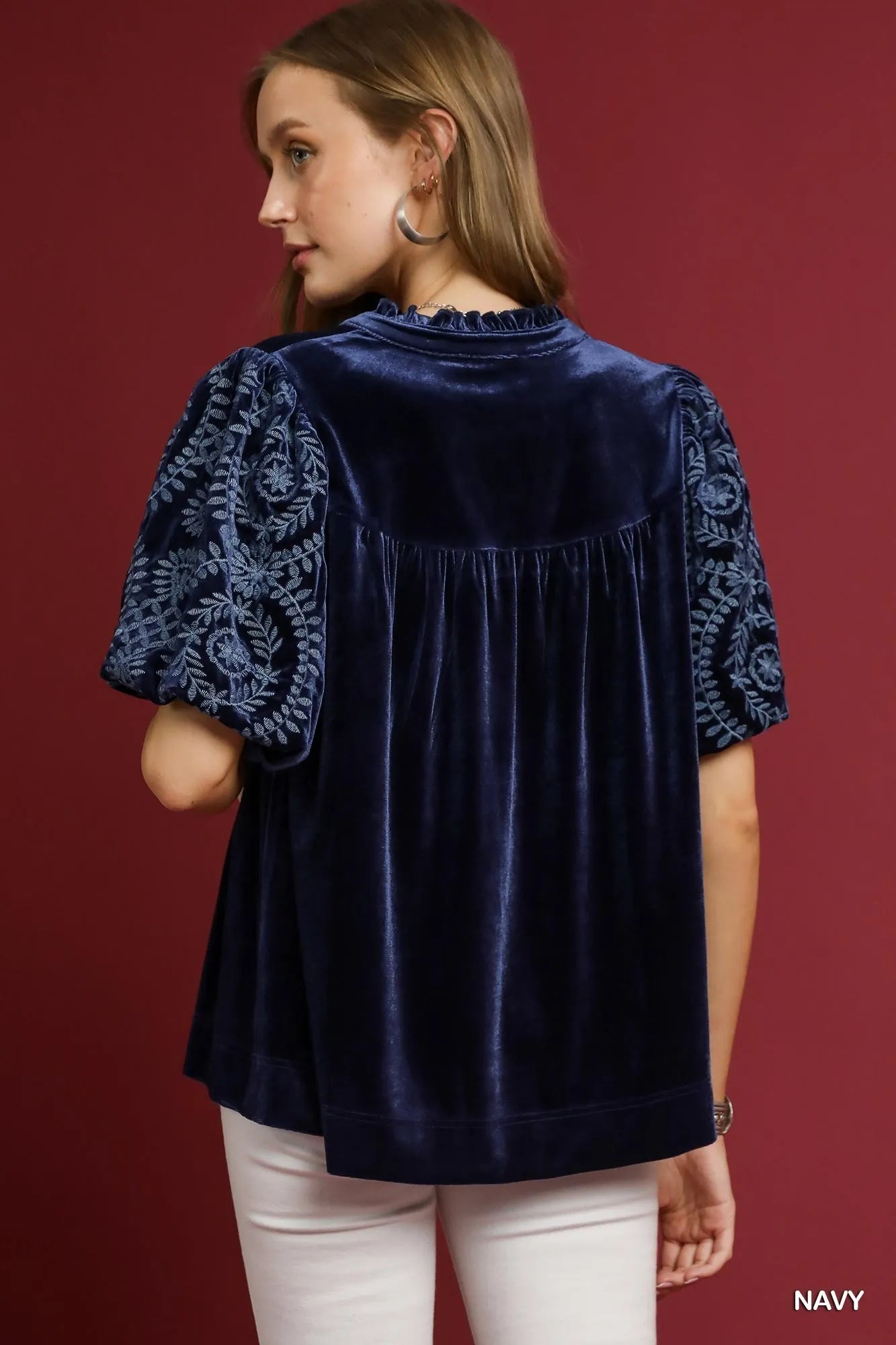 Umgee Full Size Velvet Embroidered Sleeve Blouse Plus Size - Tigbul's Variety Fashion Shop