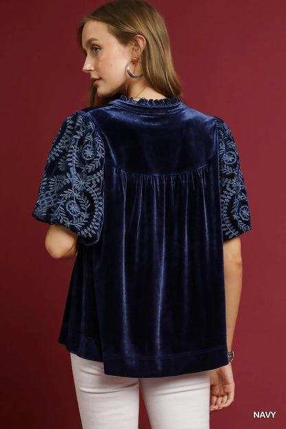Umgee Full Size Velvet Embroidered Sleeve Blouse Plus Size - Tigbul's Variety Fashion Shop
