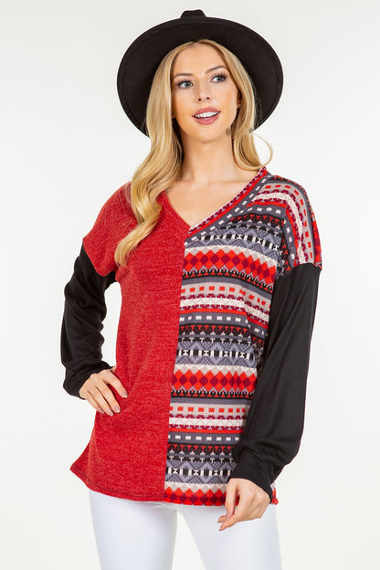 Celeste Full Size Contrast Geometric V-Neck Long Sleeve Blouse - Tigbul's Variety Fashion Shop