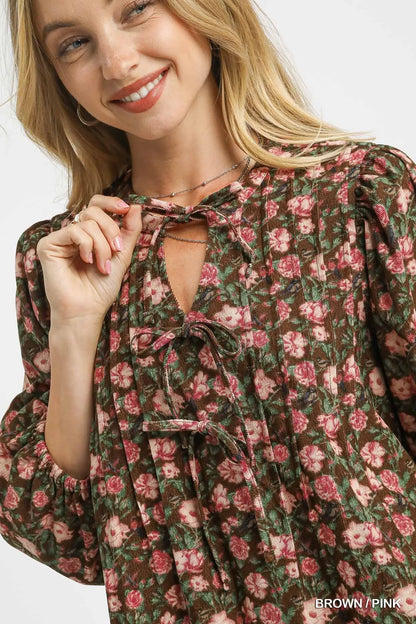Umgee Floral Tie-Neck Babydoll Dress - Tigbul's Variety Fashion Shop