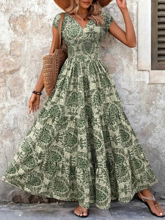 Vintage Floral Cap Sleeve Maxi Dress - Tigbul's Variety Fashion Shop