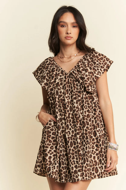 Animal Printed Velvet Ribbon Brown Mini Dress - Tigbul's Variety Fashion Shop