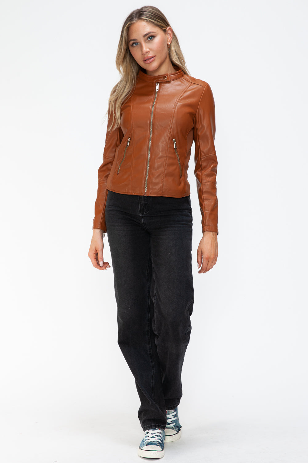 Faux Leather Zip Up Drawstring Hooded Jacket in Camel