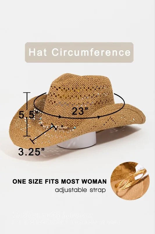 Fame Beaded Cowrie Shell Straw Weave Western Cowboy Hat - Tigbul's Variety Fashion Shop
