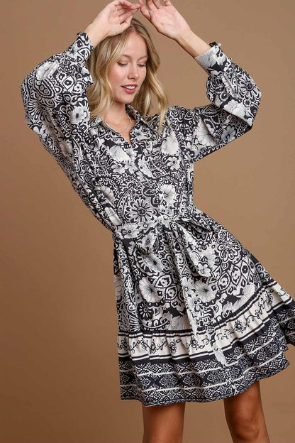 Umgee Full Size Two Tone Floral Border Print Tie Waist Mini Dress Plus Size - Tigbul's Variety Fashion Shop