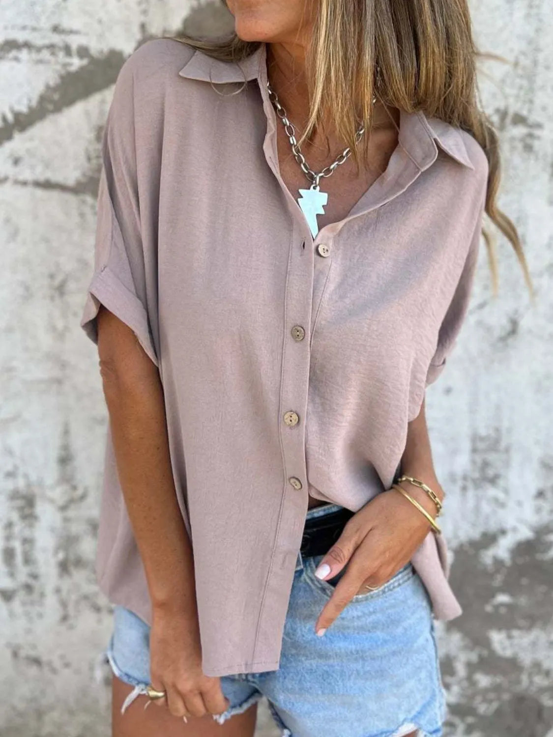Full Size Collared Neck Half Sleeve Shirt - Tigbul's Variety Fashion Shop
