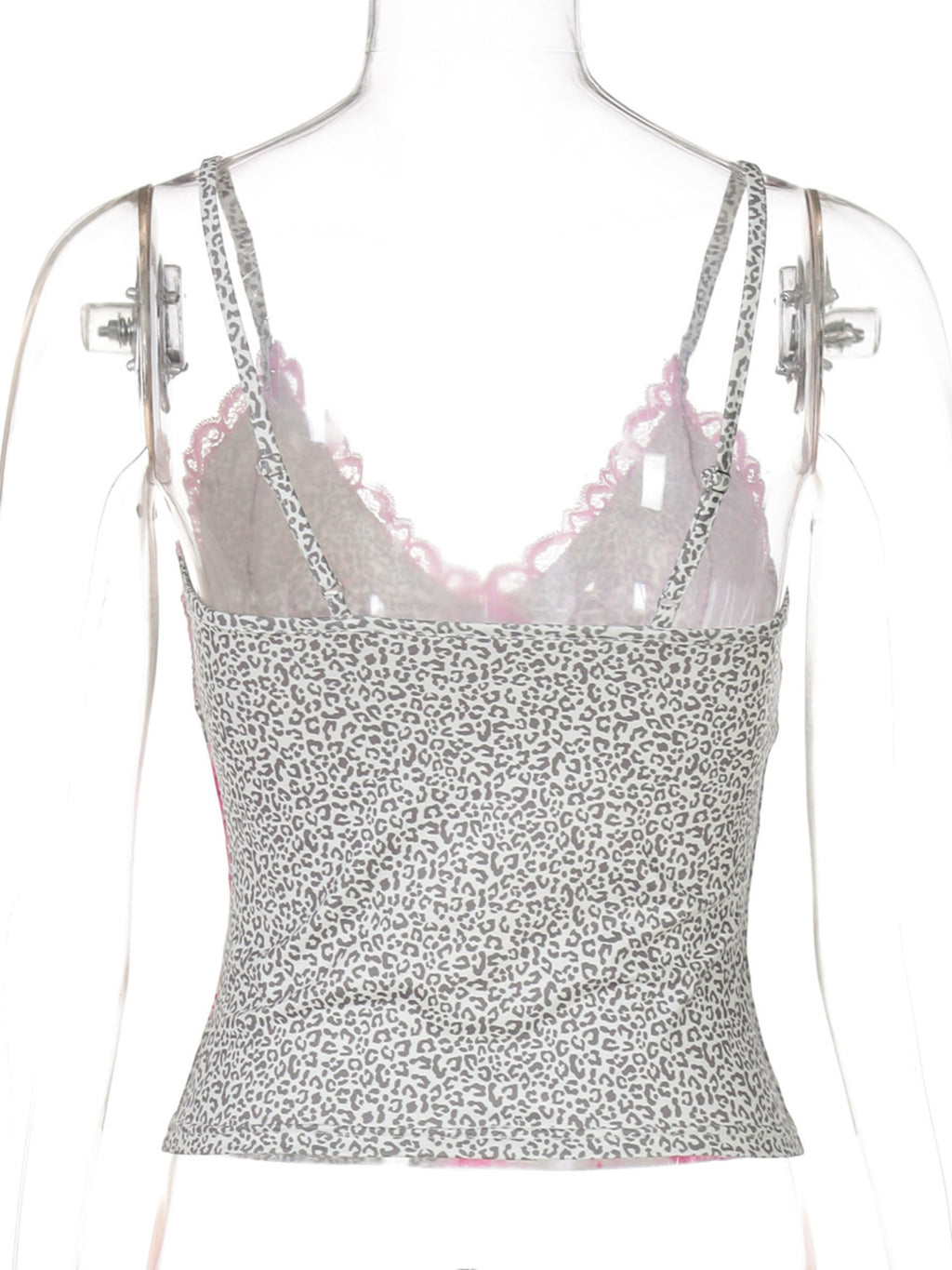 Leopard print cami with lace-trim V-neck on mannequin, Dusty Pink colorway