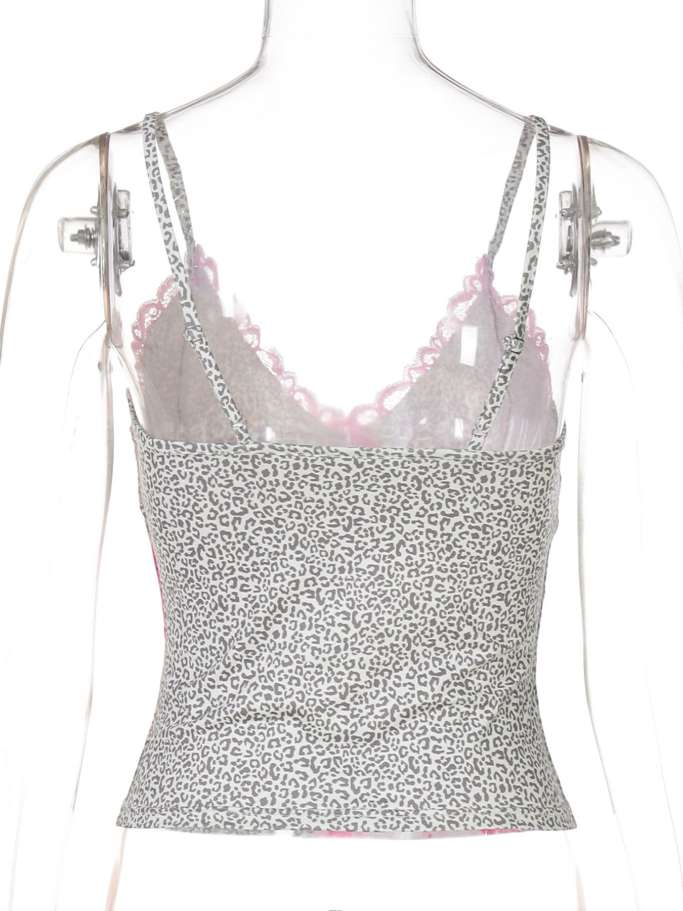 Leopard print cami with lace-trim V-neck on mannequin, Dusty Pink colorway