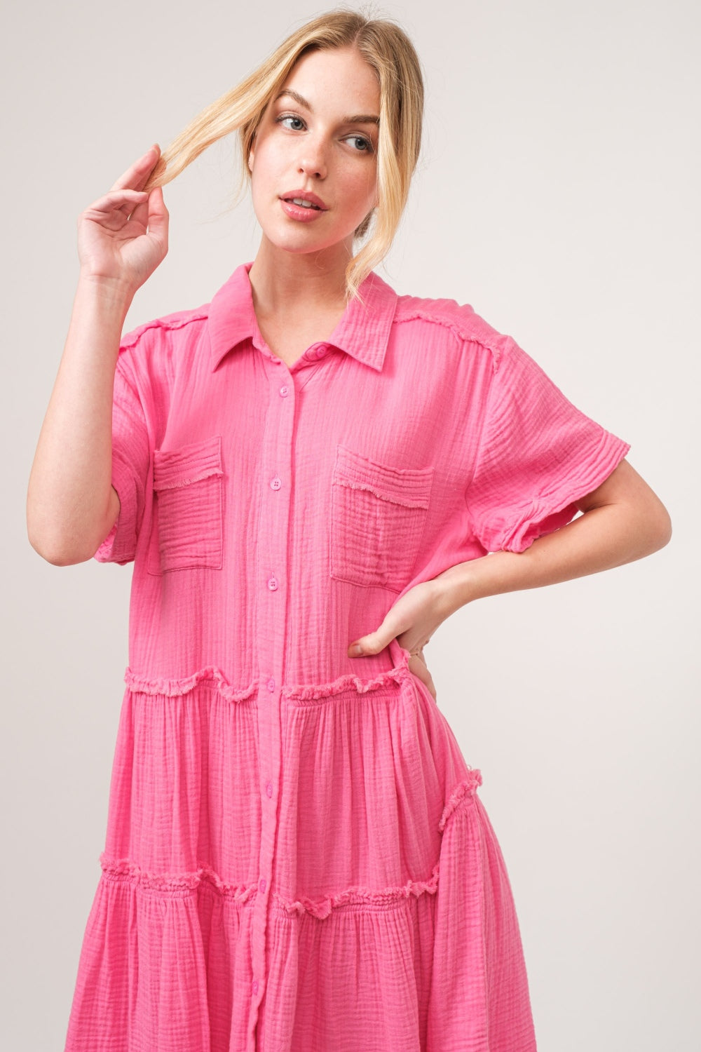 And The Why Full Size Raw Edge Washed Tiered Shirt Dress - Tigbul's Variety Fashion Shop