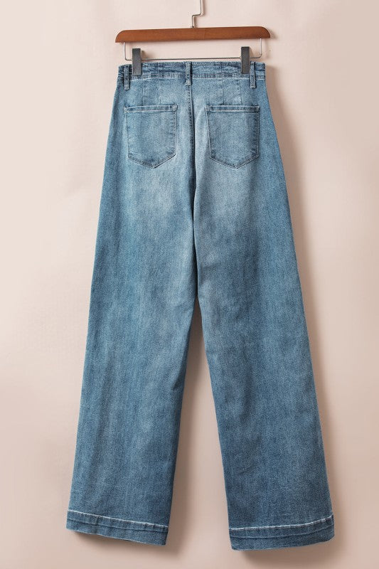 Addilyn Straight Loose Leg Jeans, Dusk Blue, back view with two patch pockets