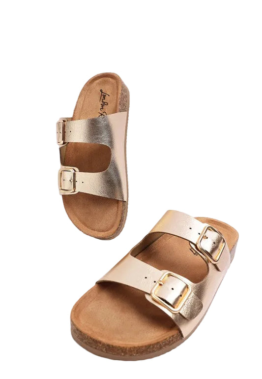 Women's Gold Metallic Double Buckle Slide Sandals | Tigbuls