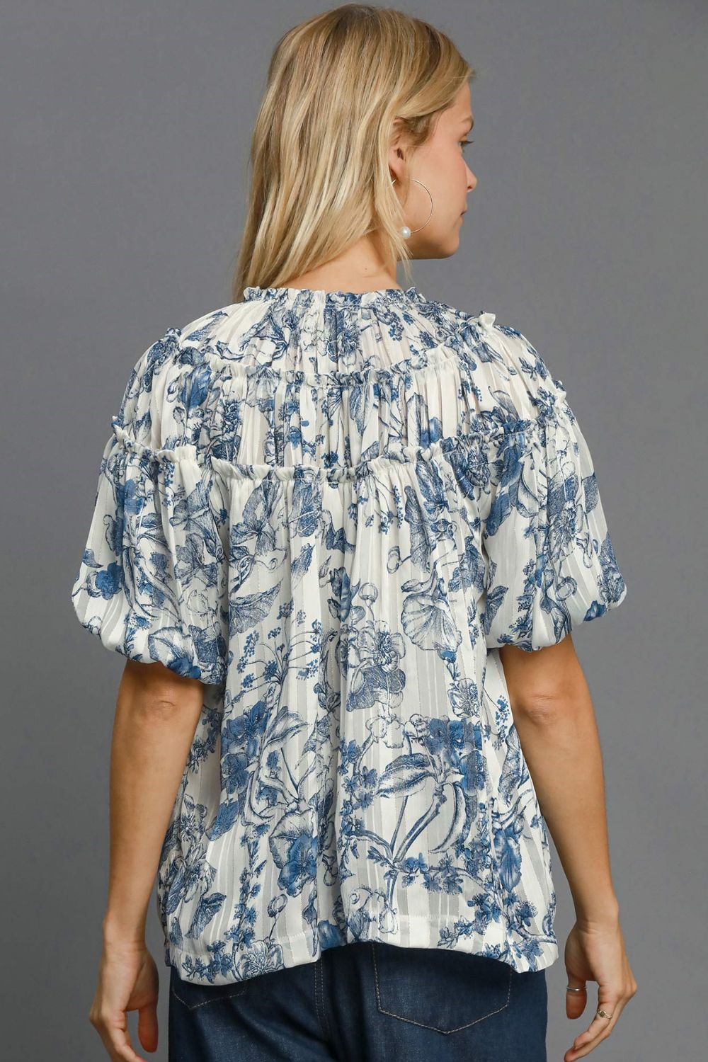 Umgee Full Size Floral Print Metallic Ruffle Blouse Plus Size - Tigbul's Variety Fashion Shop