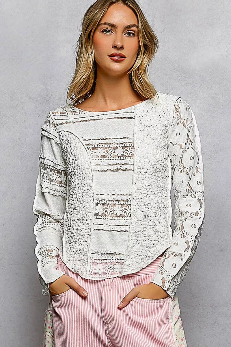 POL Round Neck Long Sleeve Exposed Seam Top with Lace Detail - Tigbul's Variety Fashion Shop