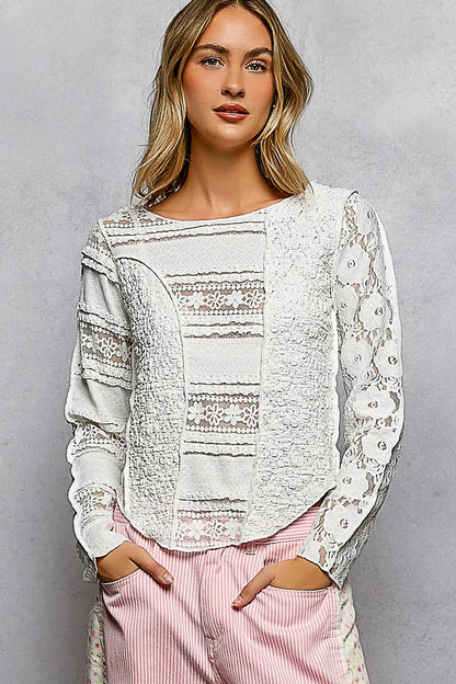 POL Round Neck Long Sleeve Exposed Seam Top with Lace Detail - Tigbul's Variety Fashion Shop