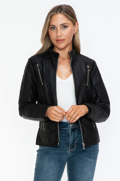 Black Faux Leather Zip Up Mock Neck Jacket