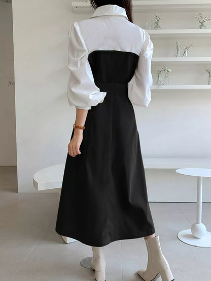 Two Tone Long Sleeve Collared Neck Dress - Tigbul's Variety Fashion Shop