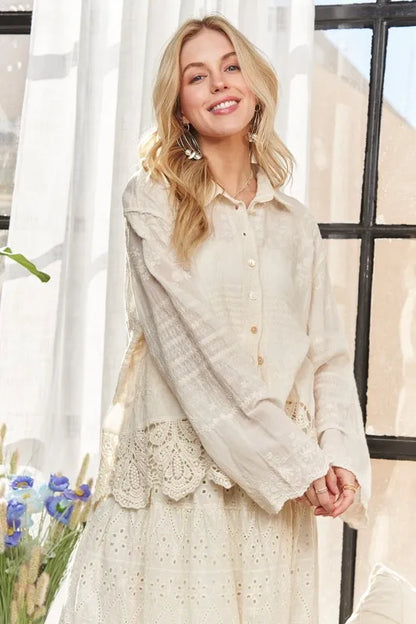 Beige Crochet Lace Long Sleeves Button Down Shirt - Tigbul's Variety Fashion Shop