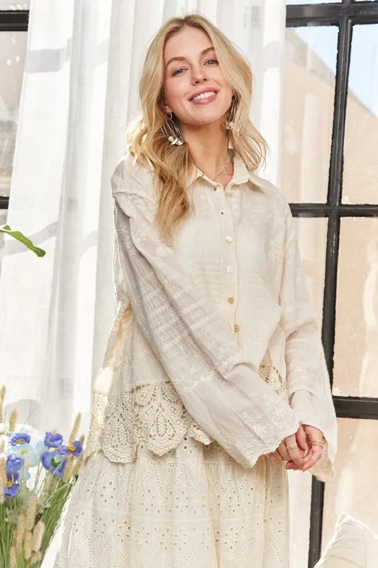 Beige Crochet Lace Long Sleeves Button Down Shirt - Tigbul's Variety Fashion Shop