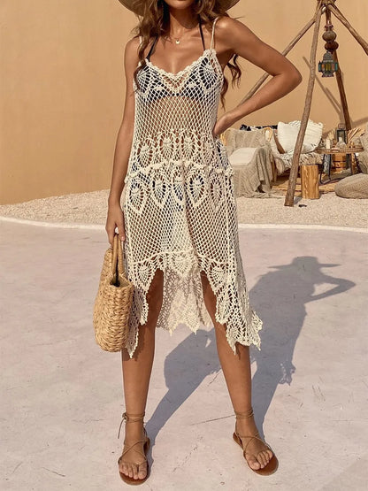 Openwork Scoop Neck Spaghetti Strap Cover-Up Dress - Tigbul's Variety Fashion Shop