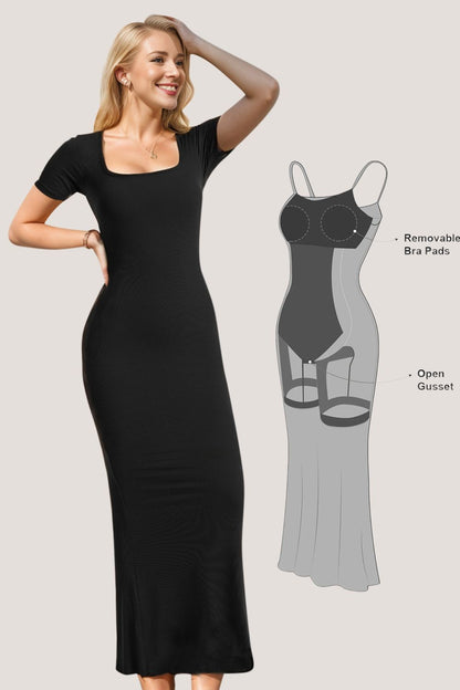 Built-In Shapewear Square Neck Short Sleeve Maxi Dress - Tigbul's Variety Fashion Shop