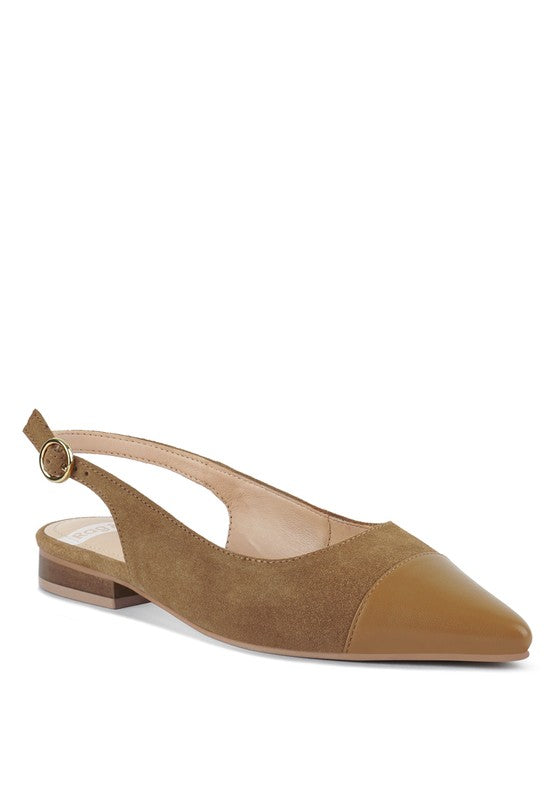 Tan genuine leather & suede slingback flats with low block heel and buckle strap