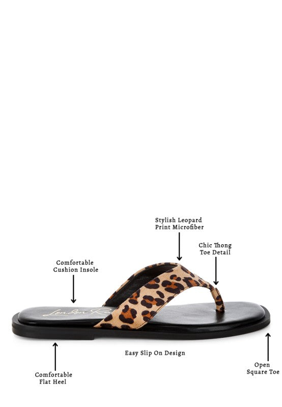 Leopard print thong flat sandal showing flat heel and square open toe